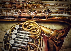 brass instruments waiting to be played