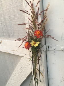 vintage flowers by a door paint peeling