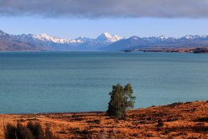 lake Pukaki, Tekapo, New Zealand with mountains