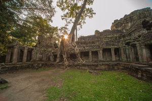 The Preah Khan temple in cambodia at sunset