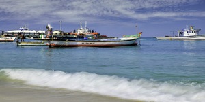 Tied fishing boats at Lakshadweep Beach, India.