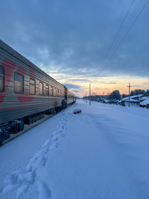 Train trough snow covered landscape