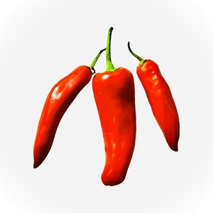 3 red chillies against white background