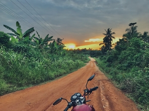 Motorbike on dirt road through jungle