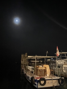 Boat in harbour at nighttime