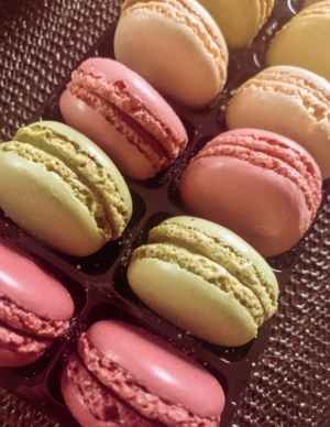 Close up of coloured macarons