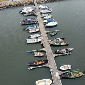 Aerial view of fishing boats in harbour