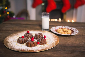 Various christmas desserts on plate with a glass of milk.