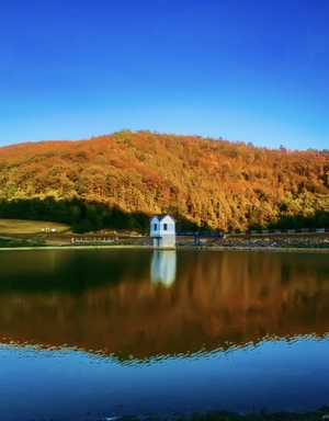 House alongside the lake in autumn