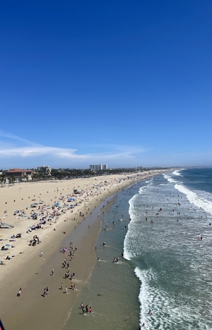 Aerial view of people on beach of Los Angeles coast