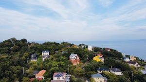Aerial view of houses on awaji island japan in summer 2022.