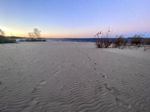 View of sea from sandy beach with footsteps at sunset