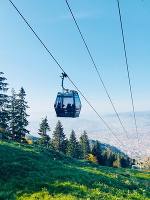 Cable car and a view of the city of Sarajevo
